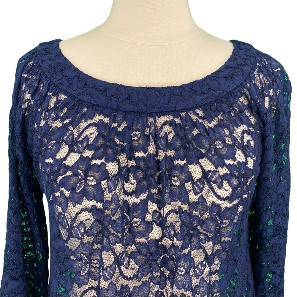 Diane Von Furstenberg DVF Elisabetta Navy Blue Sheer Floral Lace Dressy Blouse - Picture 2 of 16